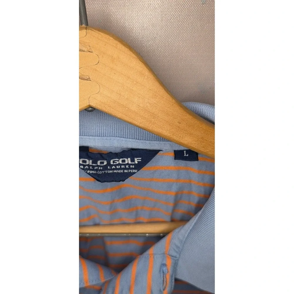 Vintage Polo Shirt Golf Ralph Lauren Mens Striped Blue & Orange Size L Cotton
